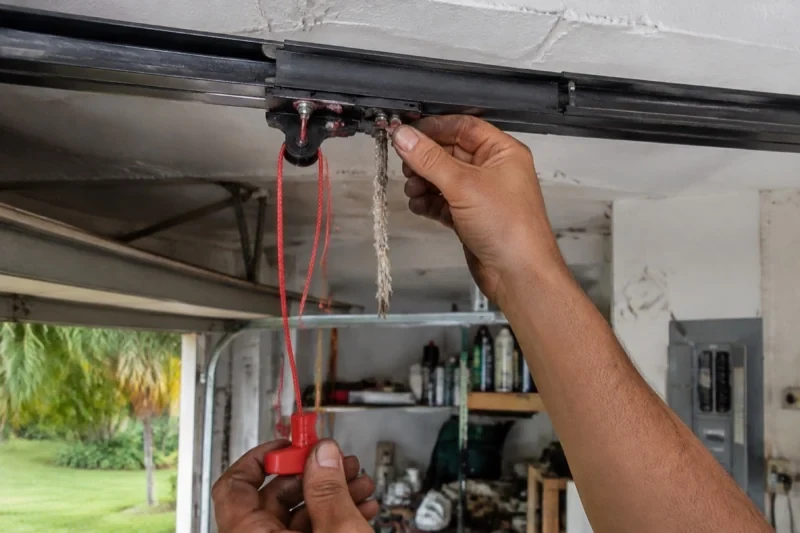 Hands holding a red release handle and frayed cord beneath an opener rail