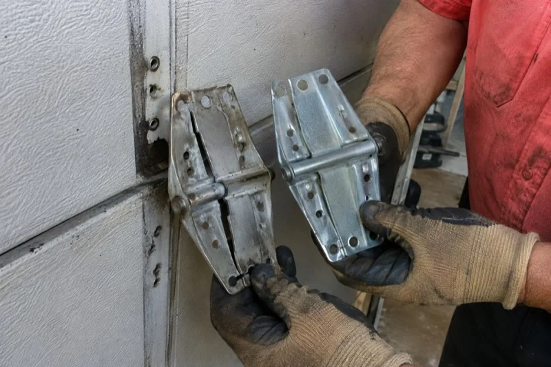 Gloved hands holding two metal garage-door hinges side by side, one discolored with a visible crack and the other bright silver.