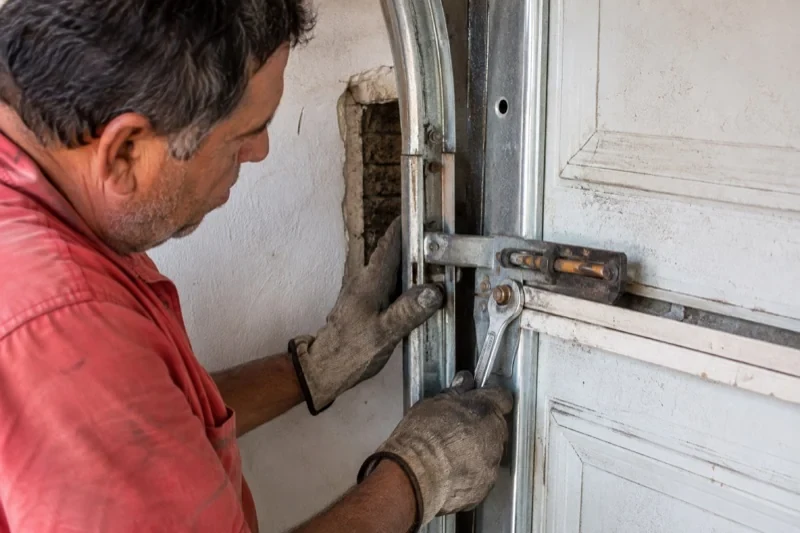 Gloved person holding a wrench beside a garage-door sliding bolt and vertical track