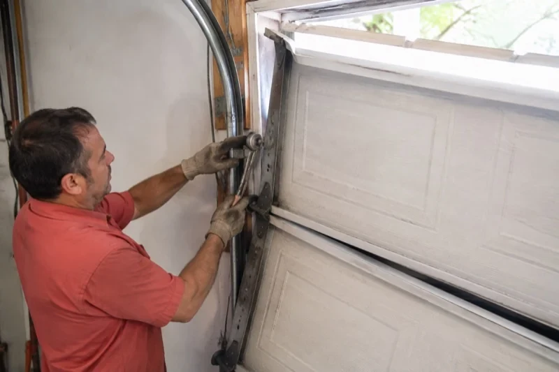 Person holding tools beside a roller and curved track on a tilted garage-door section