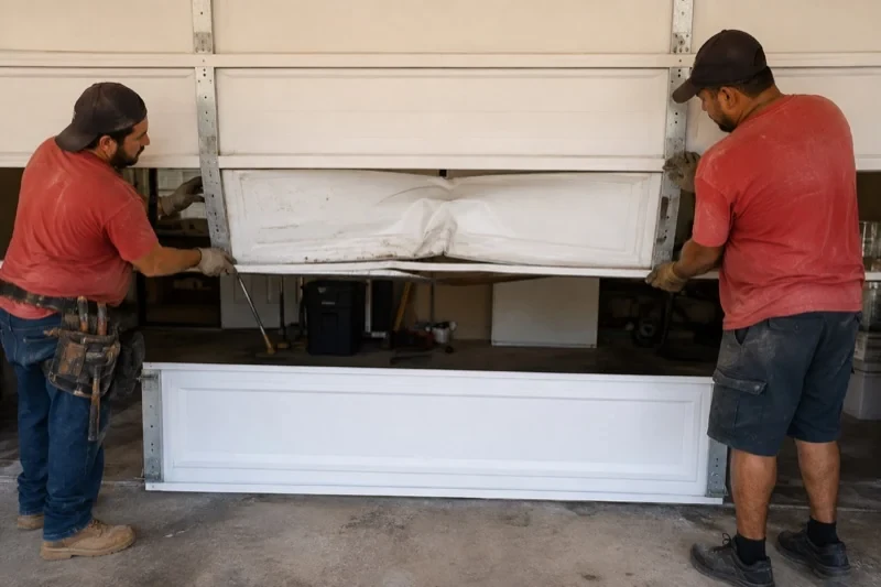 Two people holding a dented lower garage-door section above a separate white panel resting on the ground.