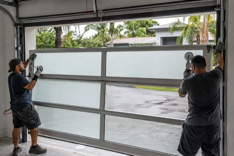 Two people holding suction handles against a glazed garage-door section