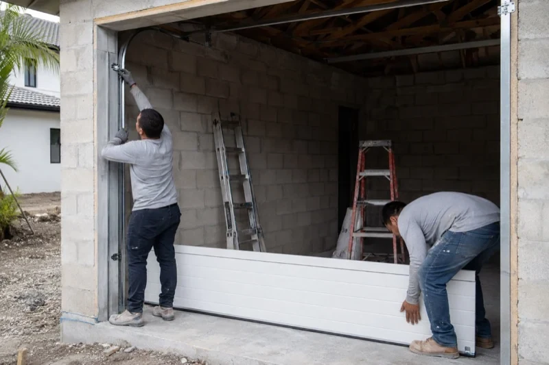 Two people positioning a white garage-door panel and side track in an unfinished masonry garage.
