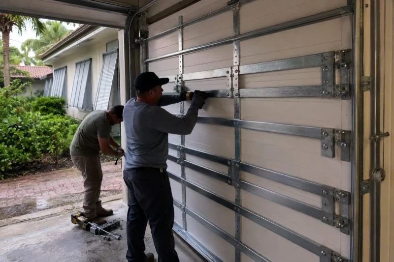 Two people beside the inside of a sectional garage door with horizontal metal reinforcement